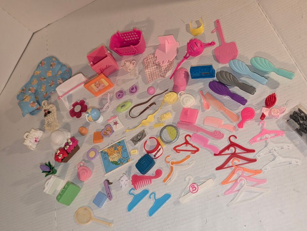 Huge Mixed Lot Vintage Barbie Doll Accessories Hangers Linens & More